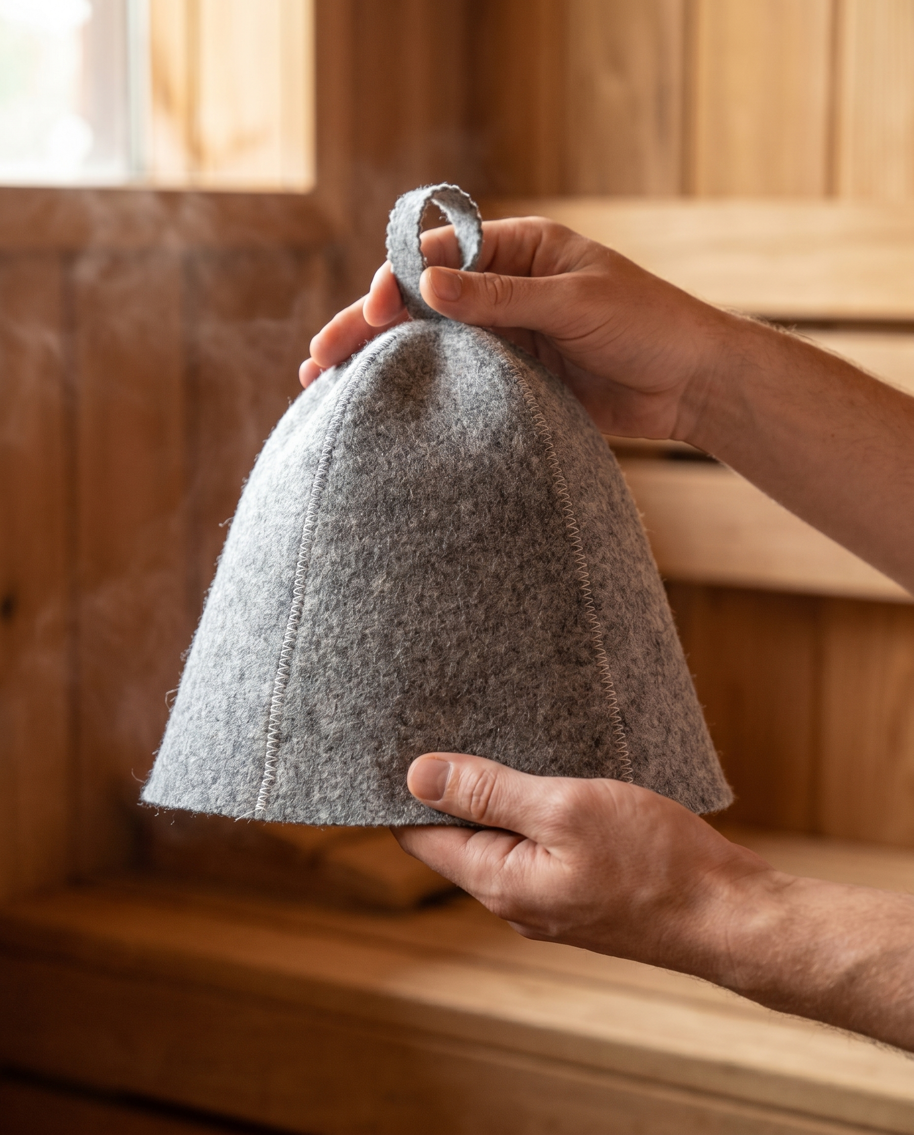 Hands holding the Sawna gray sauna hat to show its size