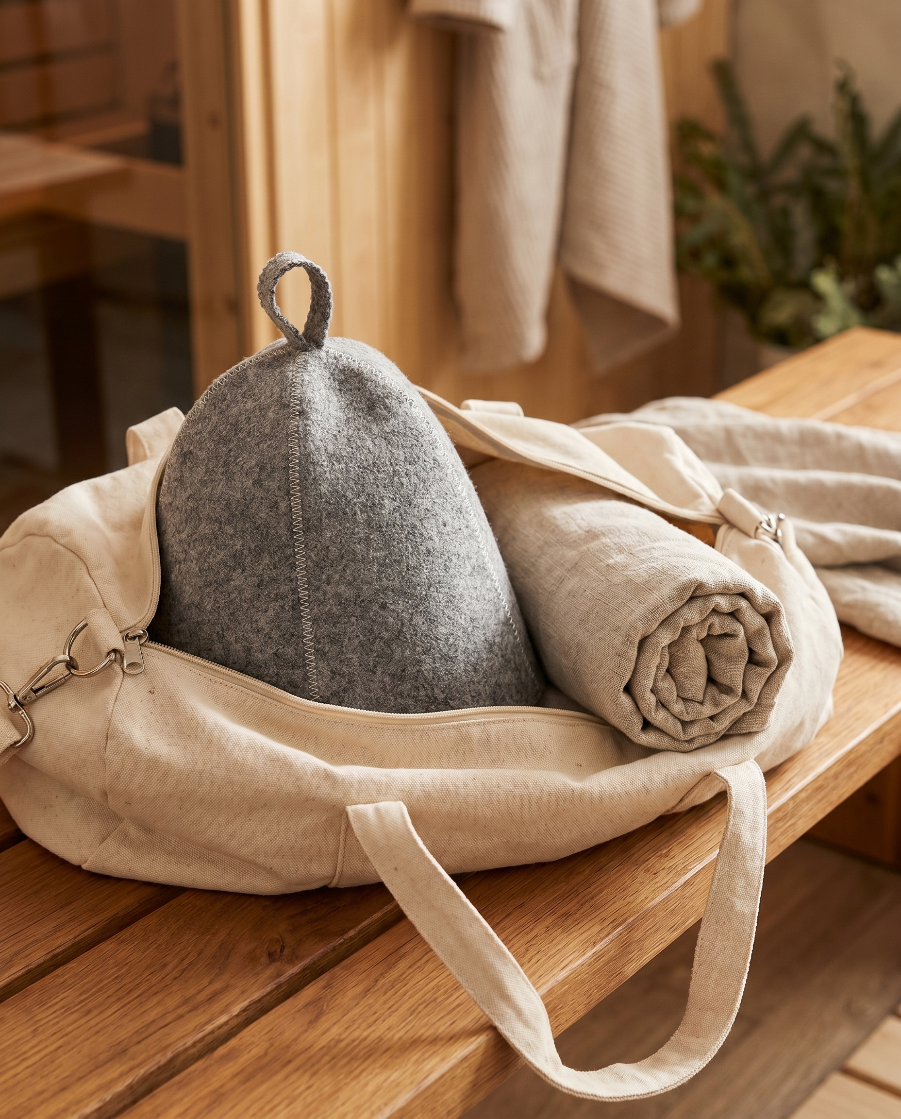 Sawna sauna hat packed in a gym bag with a rolled towel